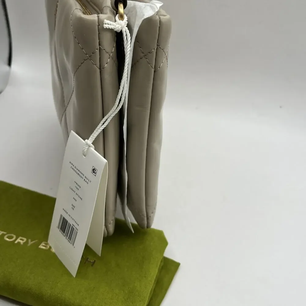 Tory Burch Small Kira Diamond Quilt Leather Shoulder Bag Light Stone Beige NWT